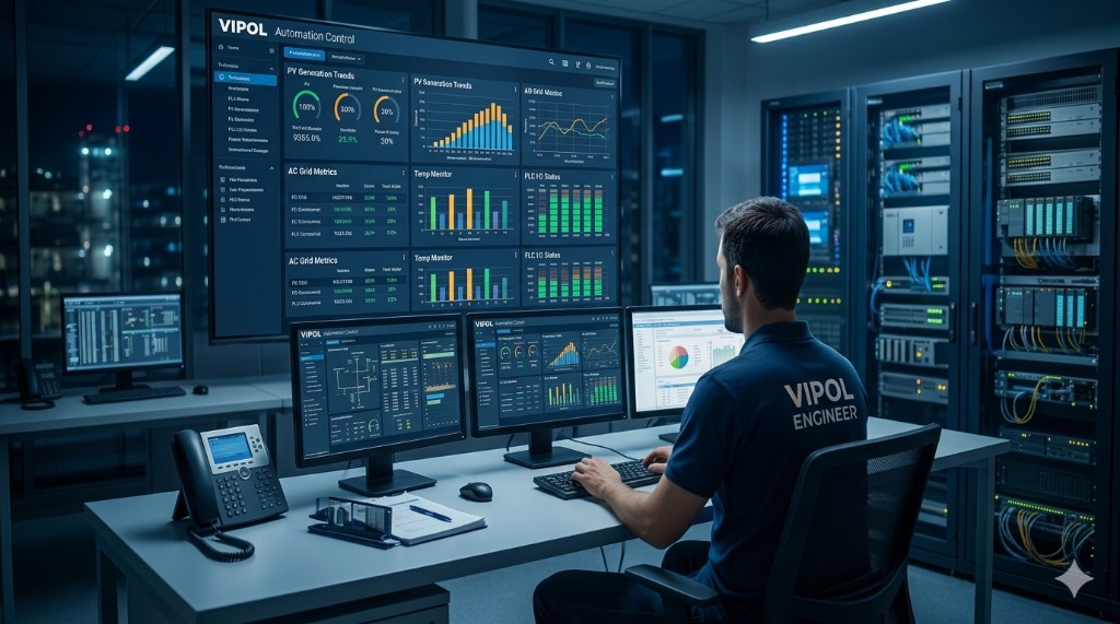 Ambiente de controle industrial VIPOL com dashboards e supervisão técnica