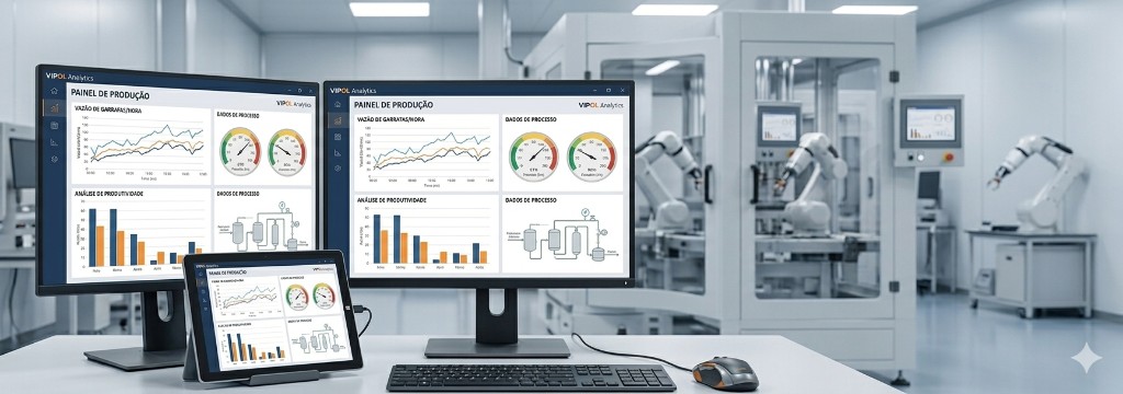 Monitores e tablet exibindo painel de produção VIPOL Analytics em ambiente industrial